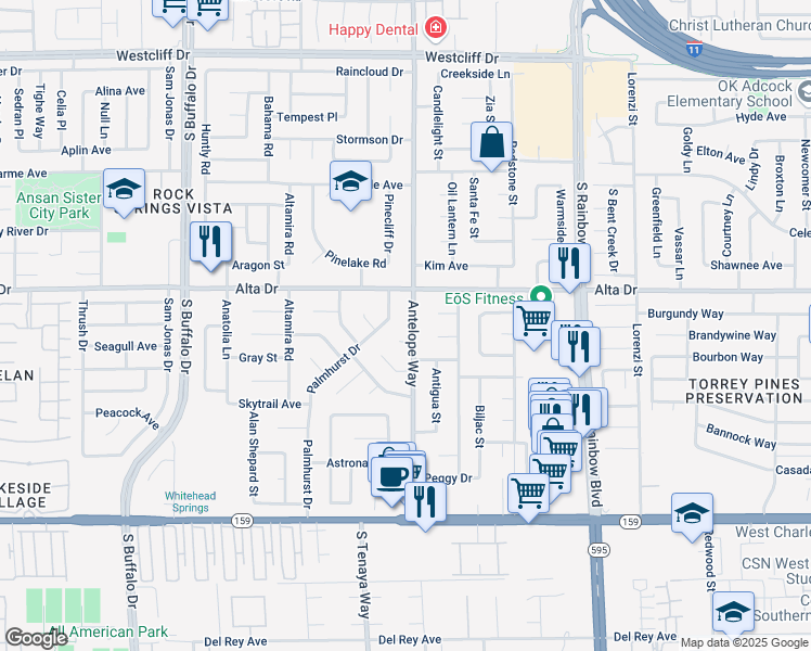 map of restaurants, bars, coffee shops, grocery stores, and more near 7000 Greenoak Circle in Las Vegas