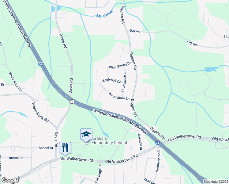 map of restaurants, bars, coffee shops, grocery stores, and more near 5022 Woodsboro Lane in Winston-Salem