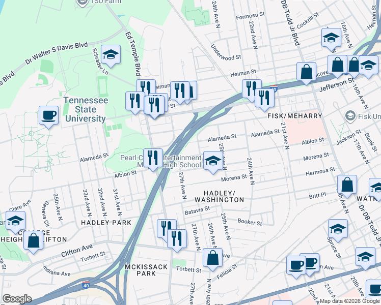 map of restaurants, bars, coffee shops, grocery stores, and more near 2609 Albion Street in Nashville