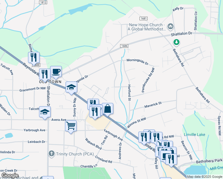 map of restaurants, bars, coffee shops, grocery stores, and more near 3690 Cheshire Place Drive in Winston-Salem