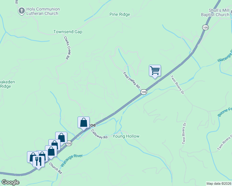 map of restaurants, bars, coffee shops, grocery stores, and more near 287 Peaceful Haven Drive in Boone