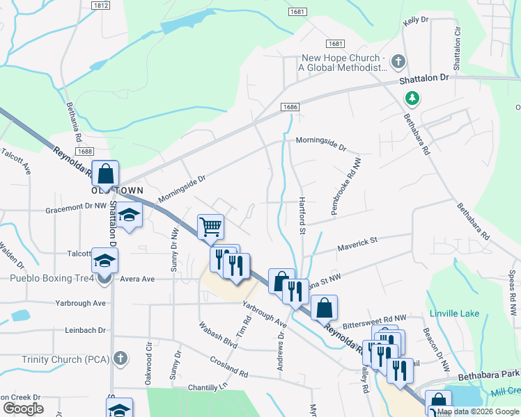 map of restaurants, bars, coffee shops, grocery stores, and more near 3688 Cheshire Woods Drive in Winston-Salem