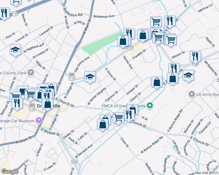 map of restaurants, bars, coffee shops, grocery stores, and more near 304 West Sevier Heights in Greeneville