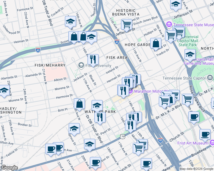 map of restaurants, bars, coffee shops, grocery stores, and more near 810 16th Avenue North in Nashville