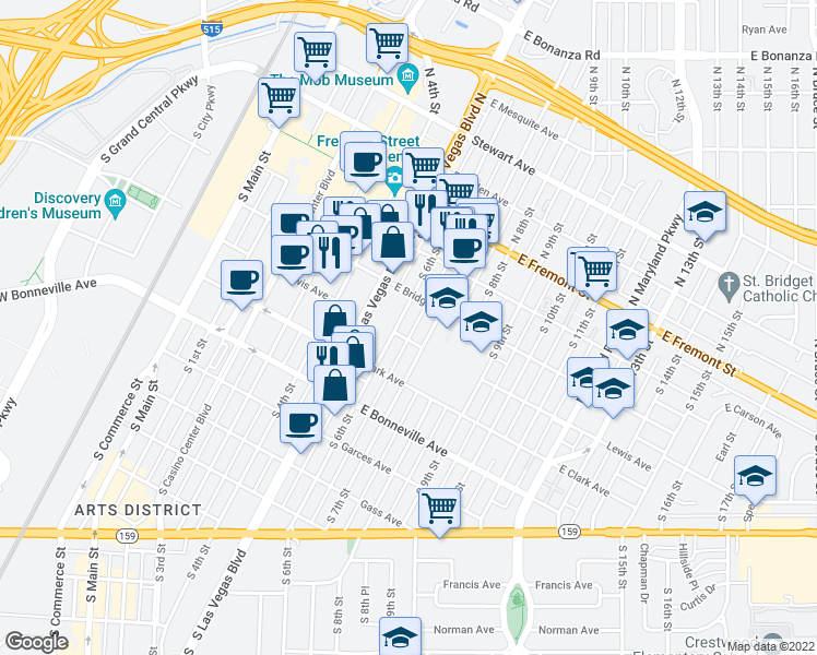 map of restaurants, bars, coffee shops, grocery stores, and more near 401 South 6th Street in Las Vegas