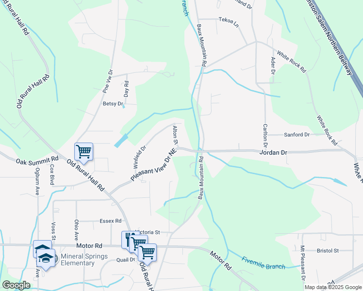 map of restaurants, bars, coffee shops, grocery stores, and more near 1403 Pleasant View Drive Northeast in Winston-Salem