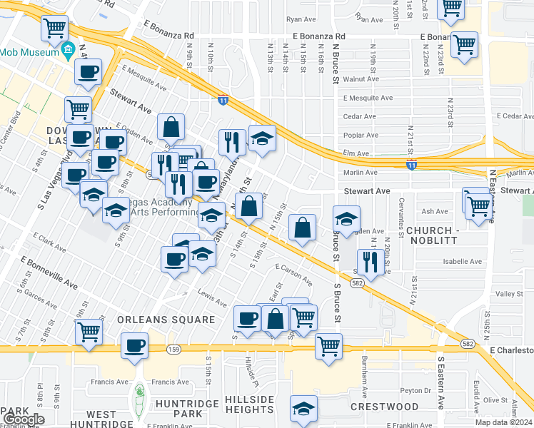 map of restaurants, bars, coffee shops, grocery stores, and more near in Las Vegas