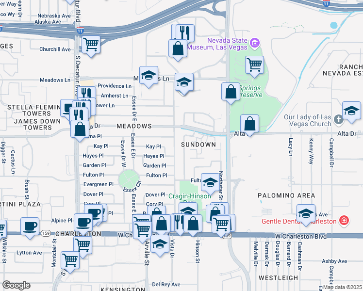 map of restaurants, bars, coffee shops, grocery stores, and more near 525 Bedford Road in Las Vegas