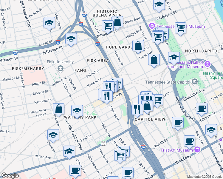 map of restaurants, bars, coffee shops, grocery stores, and more near 1320 Clinton Street in Nashville