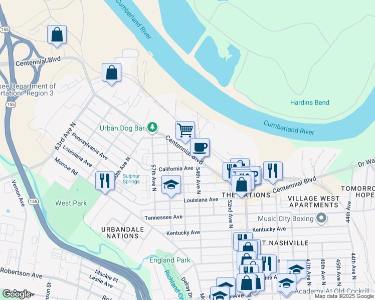 map of restaurants, bars, coffee shops, grocery stores, and more near 5501A New York Avenue in Nashville