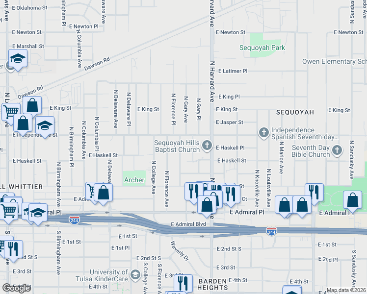 map of restaurants, bars, coffee shops, grocery stores, and more near 717 North Florence Place in Tulsa