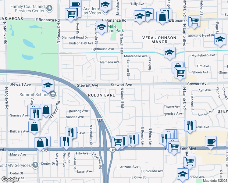 map of restaurants, bars, coffee shops, grocery stores, and more near 3982 Saguaro Lane in Las Vegas