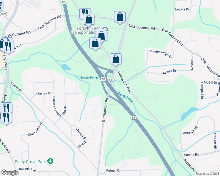 map of restaurants, bars, coffee shops, grocery stores, and more near 4832 Germanton Road in Winston-Salem