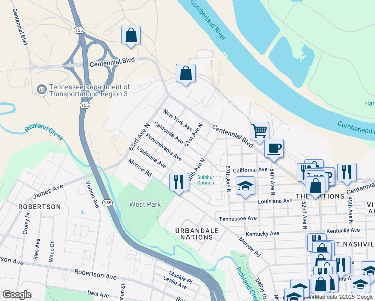 map of restaurants, bars, coffee shops, grocery stores, and more near 6016 Pennsylvania Avenue in Nashville