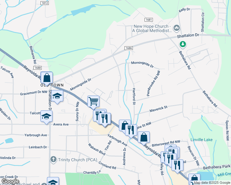 map of restaurants, bars, coffee shops, grocery stores, and more near 3690 Cheshire Place Drive in Winston-Salem
