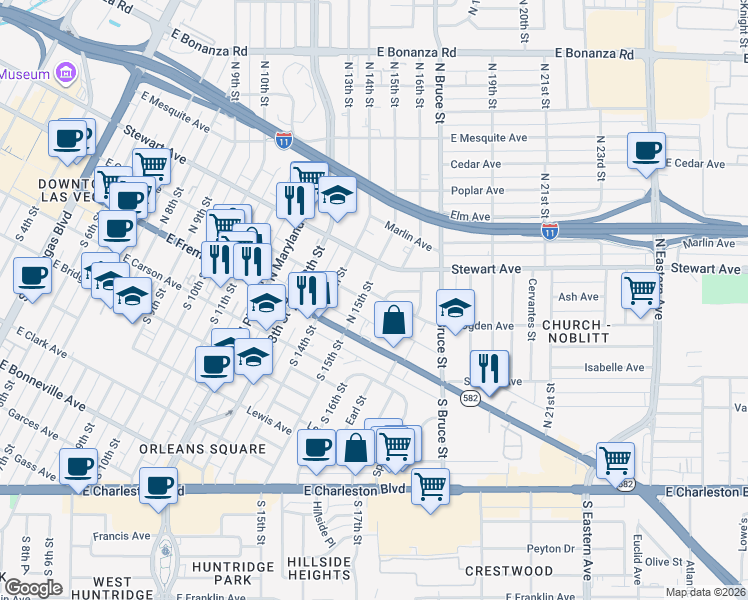 map of restaurants, bars, coffee shops, grocery stores, and more near 1504 East Ogden Avenue in Las Vegas