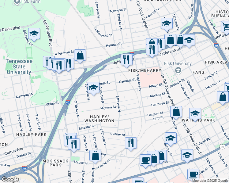 map of restaurants, bars, coffee shops, grocery stores, and more near 2403 Albion Street in Nashville