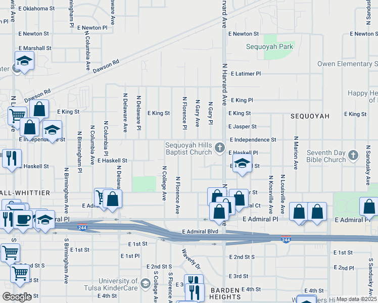 map of restaurants, bars, coffee shops, grocery stores, and more near 728 North Florence Place in Tulsa
