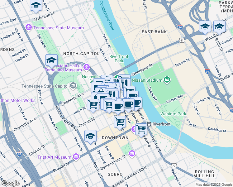map of restaurants, bars, coffee shops, grocery stores, and more near in Nashville
