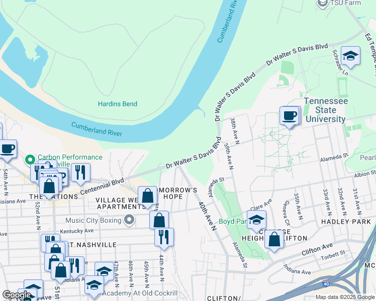 map of restaurants, bars, coffee shops, grocery stores, and more near 4000 Doctor Walter S Davis Boulevard in Nashville
