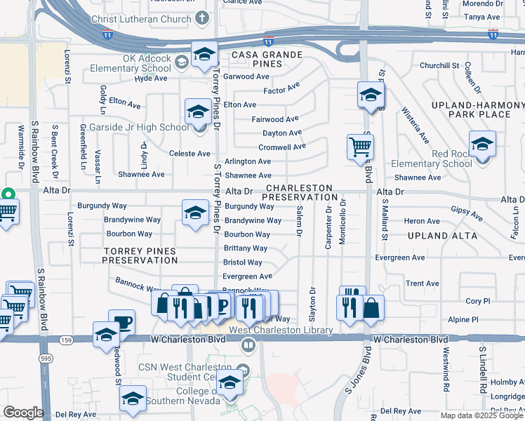 map of restaurants, bars, coffee shops, grocery stores, and more near 6301 Burgundy Way in Las Vegas