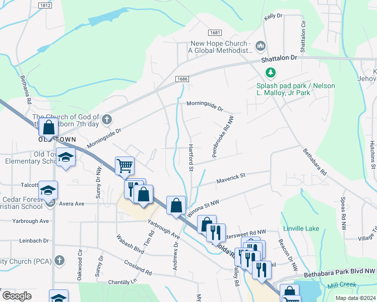 map of restaurants, bars, coffee shops, grocery stores, and more near 3798 Hartford Street in Winston-Salem