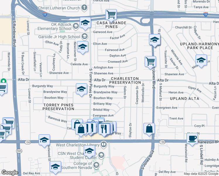 map of restaurants, bars, coffee shops, grocery stores, and more near 6301 Burgundy Way in Las Vegas