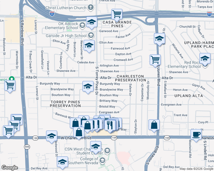 map of restaurants, bars, coffee shops, grocery stores, and more near 6325 Burgundy Way in Las Vegas