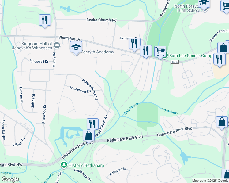 map of restaurants, bars, coffee shops, grocery stores, and more near 4060 Bethania Station Road in Winston-Salem