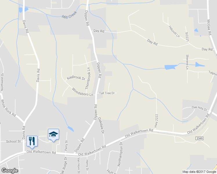 map of restaurants, bars, coffee shops, grocery stores, and more near Tall Tree Court in Winston-Salem
