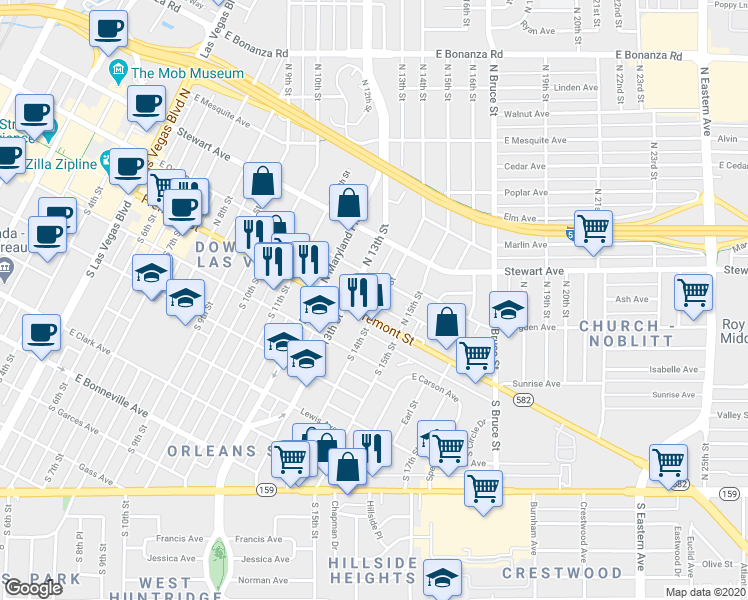 map of restaurants, bars, coffee shops, grocery stores, and more near 1308 East Fremont Street in Las Vegas