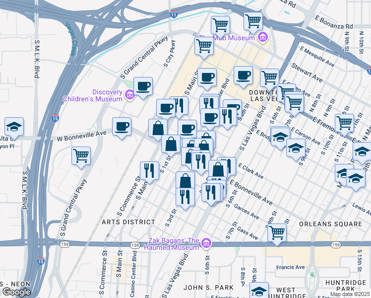 map of restaurants, bars, coffee shops, grocery stores, and more near 559S South Casino Center Boulevard in Las Vegas