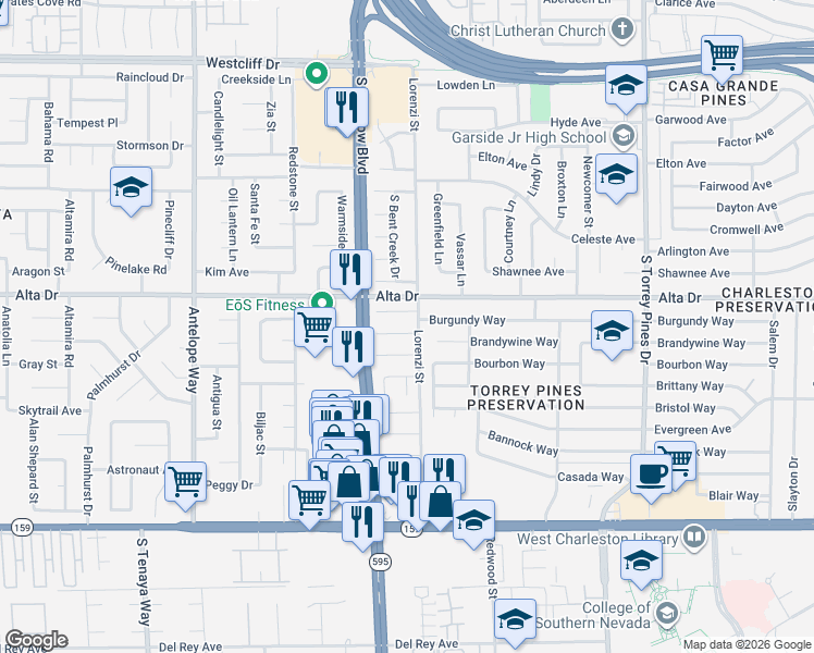 map of restaurants, bars, coffee shops, grocery stores, and more near 600 Lorenzi Street in Las Vegas