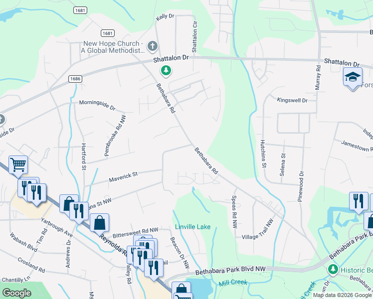 map of restaurants, bars, coffee shops, grocery stores, and more near 2640 Bluebird Lane in Winston-Salem