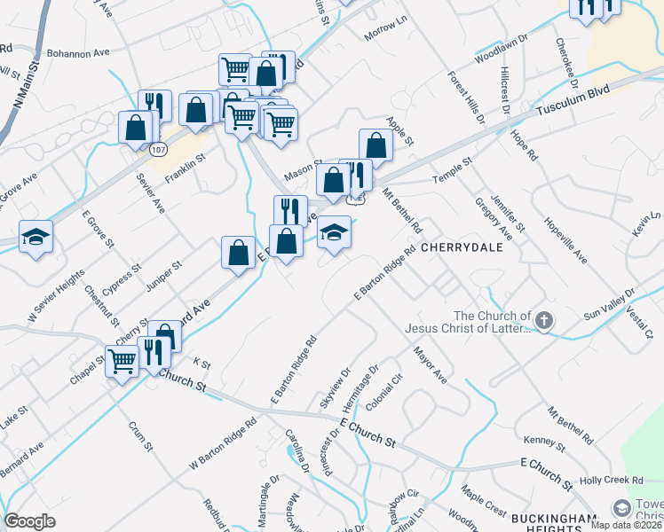 map of restaurants, bars, coffee shops, grocery stores, and more near 450 East Bernard Avenue in Greeneville
