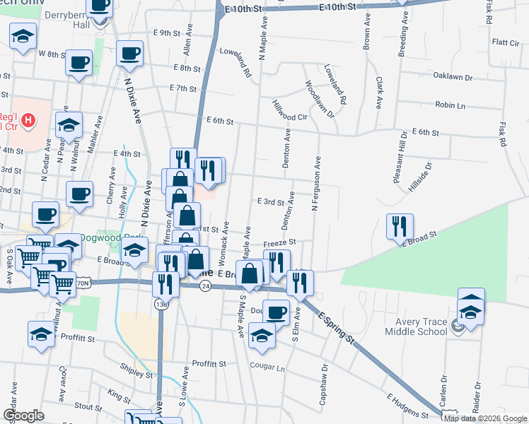 map of restaurants, bars, coffee shops, grocery stores, and more near 600 Freeze Street in Cookeville