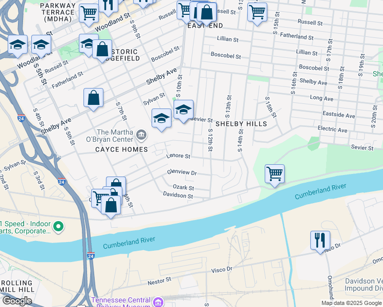 map of restaurants, bars, coffee shops, grocery stores, and more near 1106 Lenore Street in Nashville