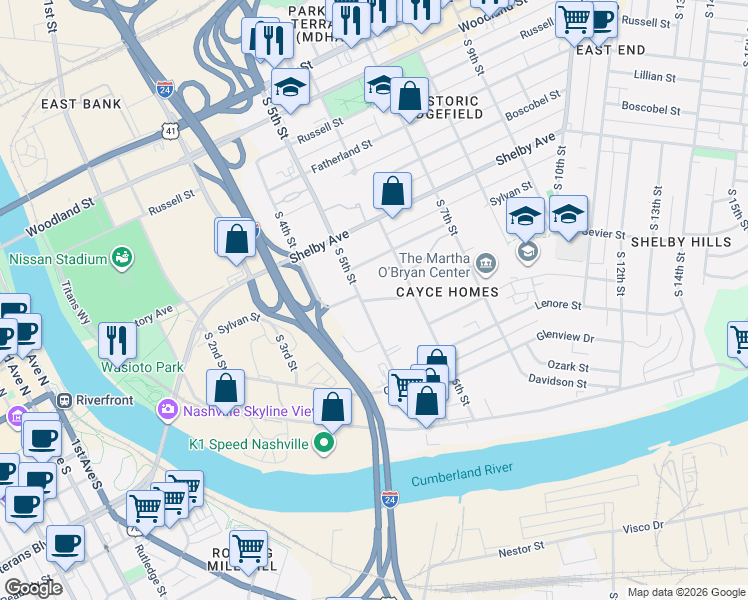 map of restaurants, bars, coffee shops, grocery stores, and more near 510 Summer Place in Nashville