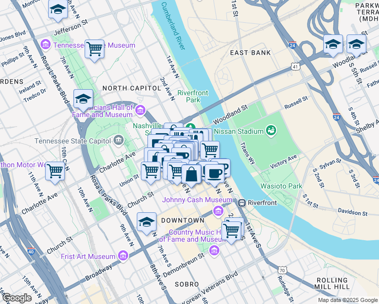 map of restaurants, bars, coffee shops, grocery stores, and more near 218 3rd Avenue North in Nashville