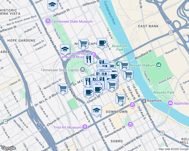 map of restaurants, bars, coffee shops, grocery stores, and more near 502 Deaderick Street in Nashville