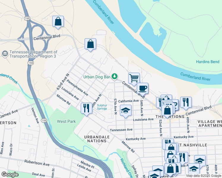 map of restaurants, bars, coffee shops, grocery stores, and more near 1601 57th Avenue North in Nashville