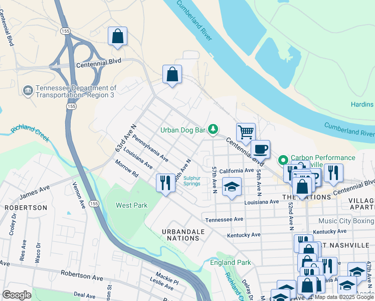 map of restaurants, bars, coffee shops, grocery stores, and more near 1501 60th Avenue North in Nashville
