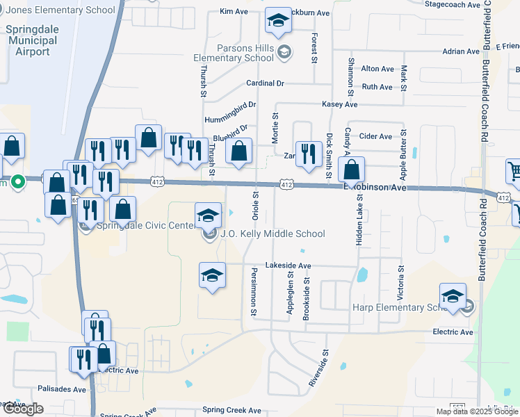 map of restaurants, bars, coffee shops, grocery stores, and more near 2019 East Robinson Avenue in Springdale