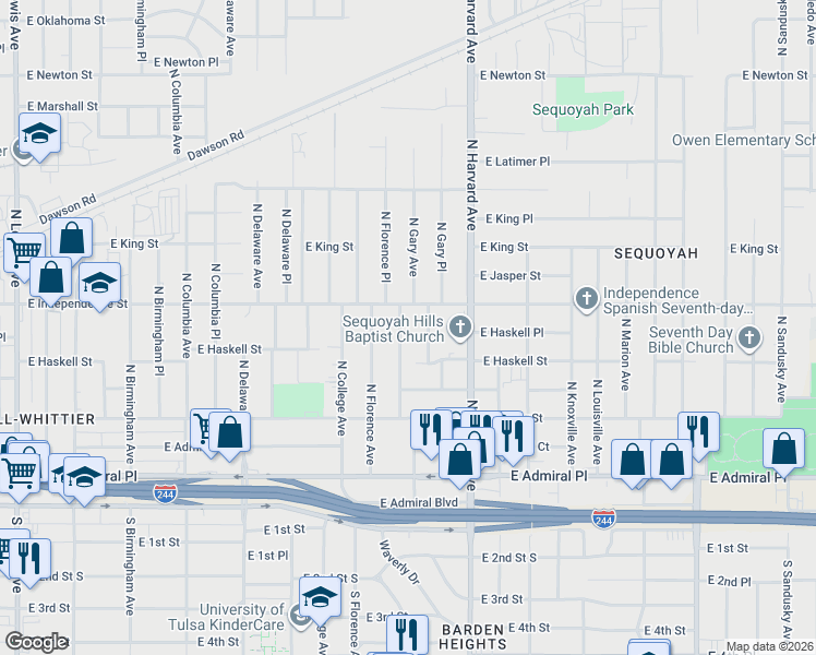 map of restaurants, bars, coffee shops, grocery stores, and more near 717 North Florence Place in Tulsa