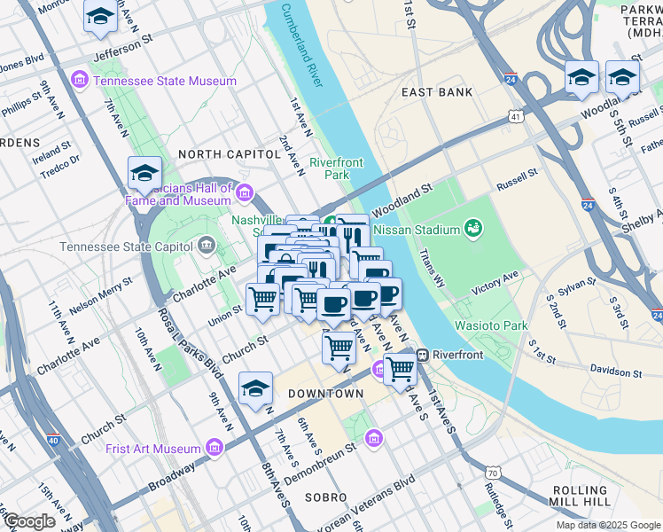 map of restaurants, bars, coffee shops, grocery stores, and more near 218 3rd Avenue North in Nashville
