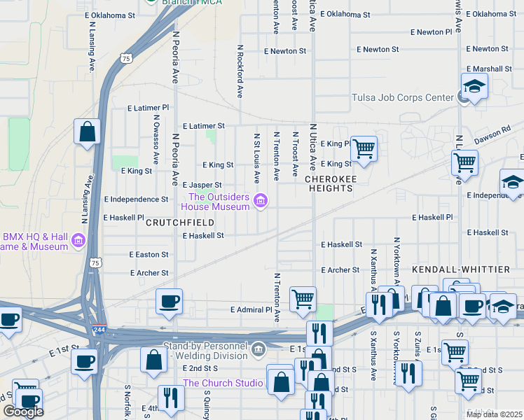 map of restaurants, bars, coffee shops, grocery stores, and more near 731 N St Louis Ave in Tulsa