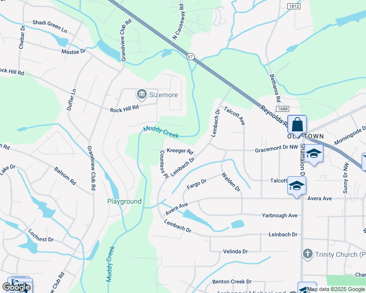 map of restaurants, bars, coffee shops, grocery stores, and more near 4531 Kreeger Road in Winston-Salem