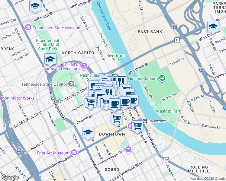 map of restaurants, bars, coffee shops, grocery stores, and more near 211 Union Street in Nashville