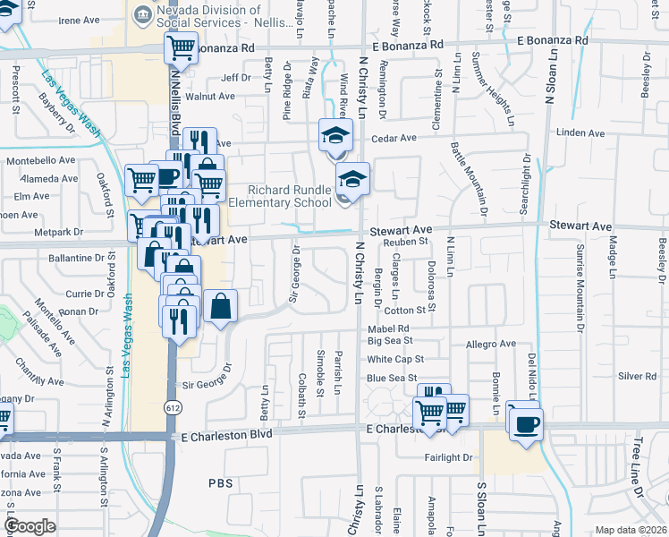 map of restaurants, bars, coffee shops, grocery stores, and more near 332 Sir Jeffery Circle in Las Vegas