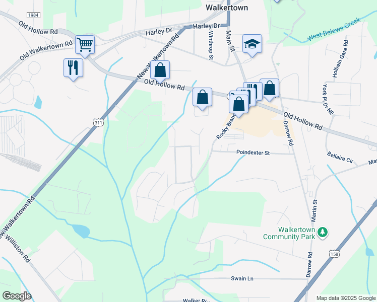 map of restaurants, bars, coffee shops, grocery stores, and more near 3830 Kilberry Court in Walkertown